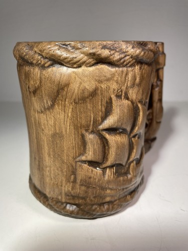 Pirate Ships & Gun Handle Coffee Mug 3D Raised Design 4-1/2" Tall Brown Ceramic - Picture 8 of 24