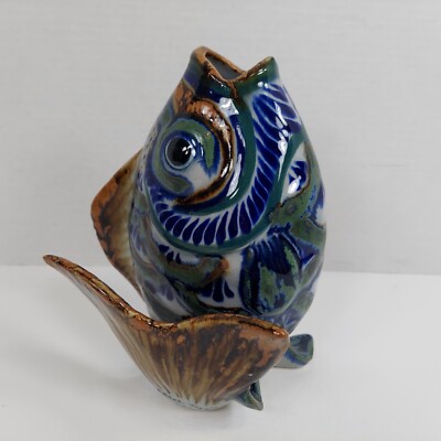 Tonala Fish Erandi Mexico Pottery Figurine 8'' Vase Carp Blue Green Brown EUC