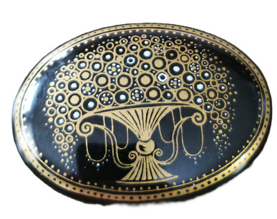 Brosche MICHAELA FREY Blau Email schwarz Gold OVAL Österreich Handarbeit 3x2 cm