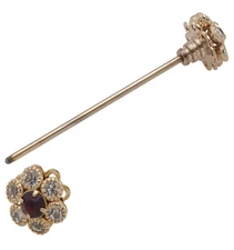 Mens Collar Bar Pin Gold Tone Clear Red Rhinestone Flower Ends 2 5/8"