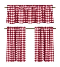 Candy Apple Red & White Country Checkered Plaid Kitchen Tier Curtain Valance Set