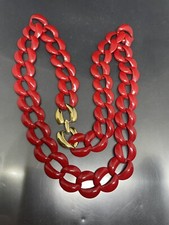 VTG Signed NAPIER Necklace GoldTone Red Metal Enamel Chunky Chain Link 23.5  