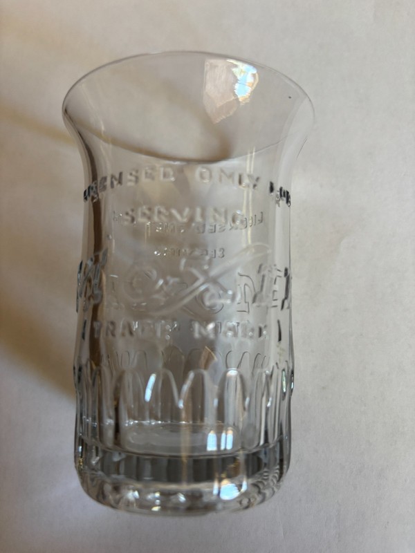 EARLY FANCY, EMBOSSED MOXIE LOGO ADVERTISING SODA FOUNTAIN GLASS