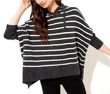 LOFT Charcoal Gray  White Striped Soft Knit Hooded Poncho Sweater Size XS NWT