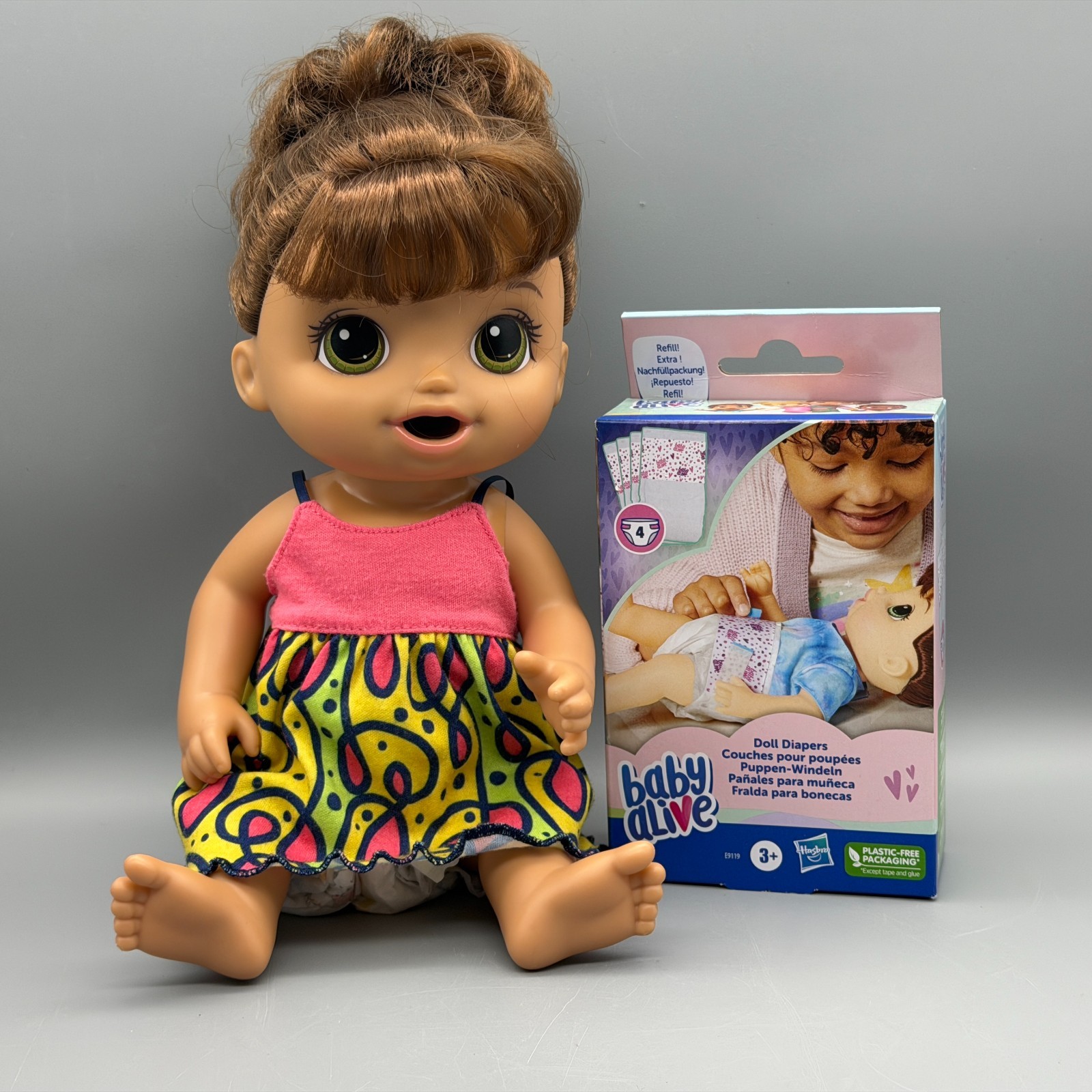 Baby Alive Doll Brunette Pigtails Hasbro 2018 With 4 Spare D