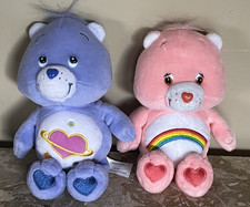Vintage Care Bears Lot of 2 Plush 8" -Purple Day Dream 2004 - Pink Rainbow 2002