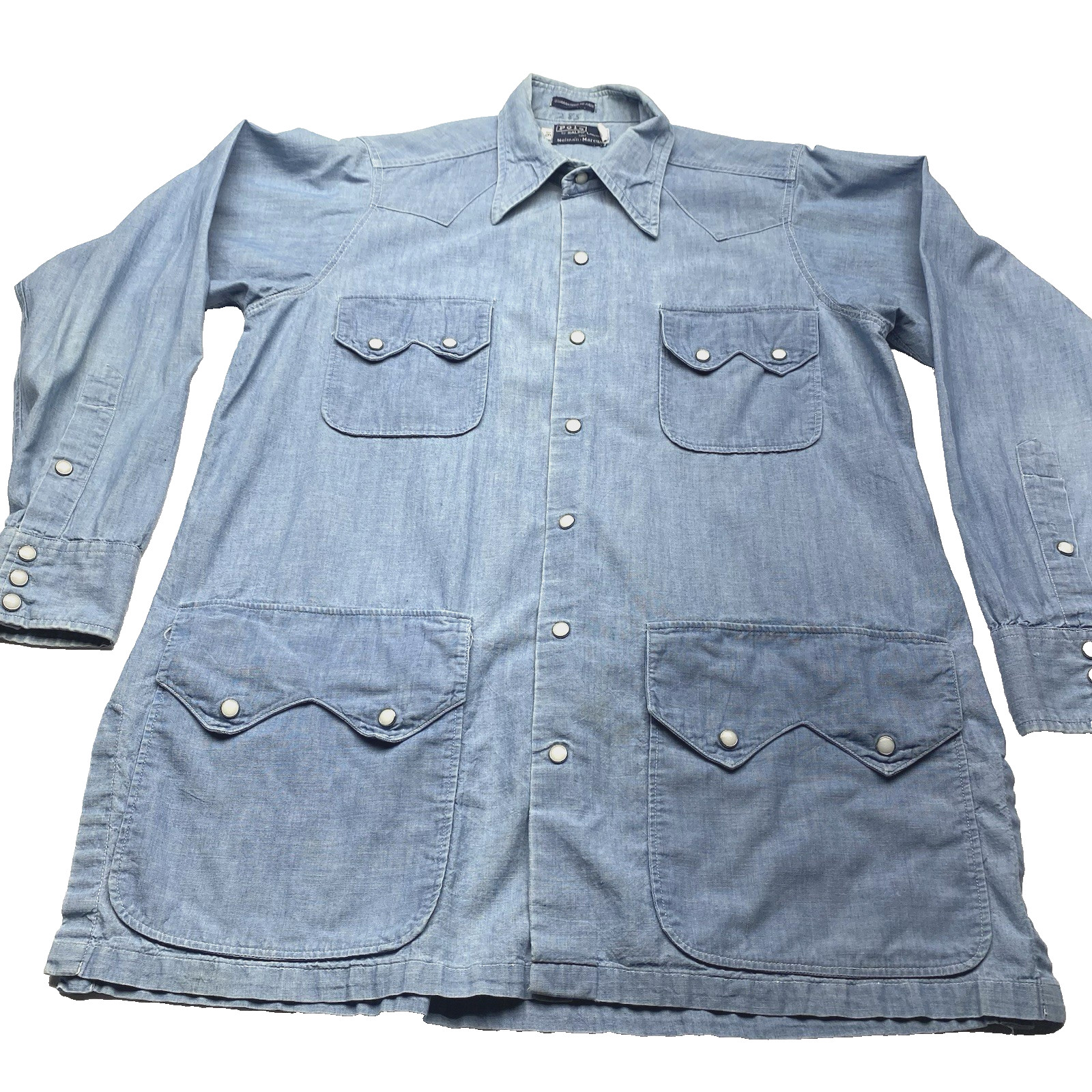 Vtg Polo Ralph Lauren Denim Chambray Shirt Men L 16 Pearl Snap 4 pocket Western
