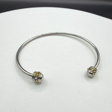 Silver Tone Open Cuff Bracelet Yellow Crystal Beaded End Caps Minimalist Jewelry