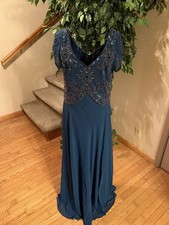 J Kara Cap Sleeve V Neck Empire Waist Dress Beaded Top Women's Size 4 Teal Multi