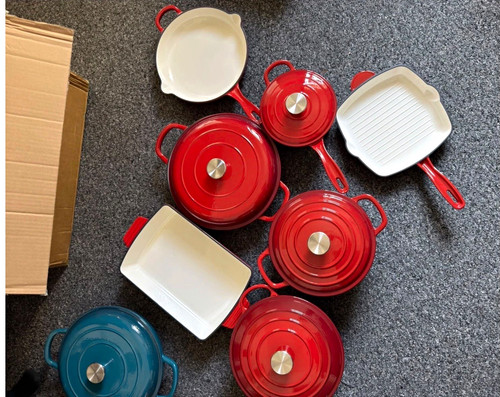 Enamel Cast Iron 7-Piece Pan Set w/ Lids Casserole Grill Frying Pan Red