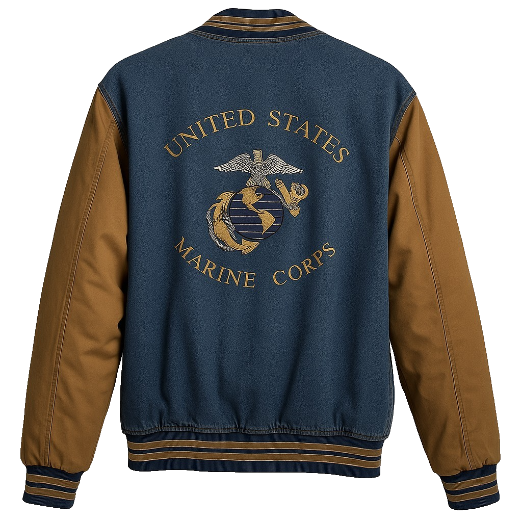 USMC Marines Denim Bomber Jacket Mens XL Port Authority Military Blue Vintage