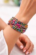 Colorful Multistrand Seed Bead  Wood Bead Cuff Bracelet Boho Festival Style