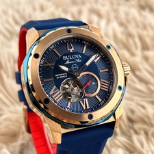 Bulova Marine Star Automatic 45mm Blue Dial Blue Rubber Strap Men's Watch 98A227