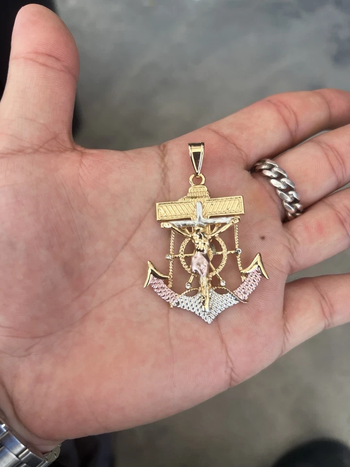 MEN's Stainless Steel Gold Plated Anchor JESUS Cross Charm Pendant*GP58 - Image 2 of 4