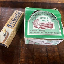 Vintage The Speedy Stitcher Sewing Awl Tool Wood Handle And Automatic Stitcher
