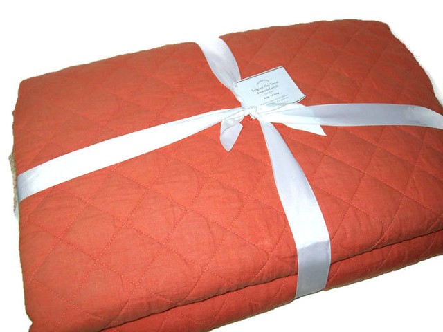 Pottery Barn King Marmalade Belgian Flax Linen Diamond Quilt For
