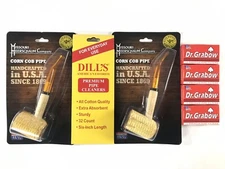Missouri Meerschaum 2 BENT Corn Cob Pipe & Dills Cleaners & Dr Grabow Filters