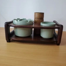 Japanese Smoke Set Tobacco Bon Tray Vintage Wood and Ceramic