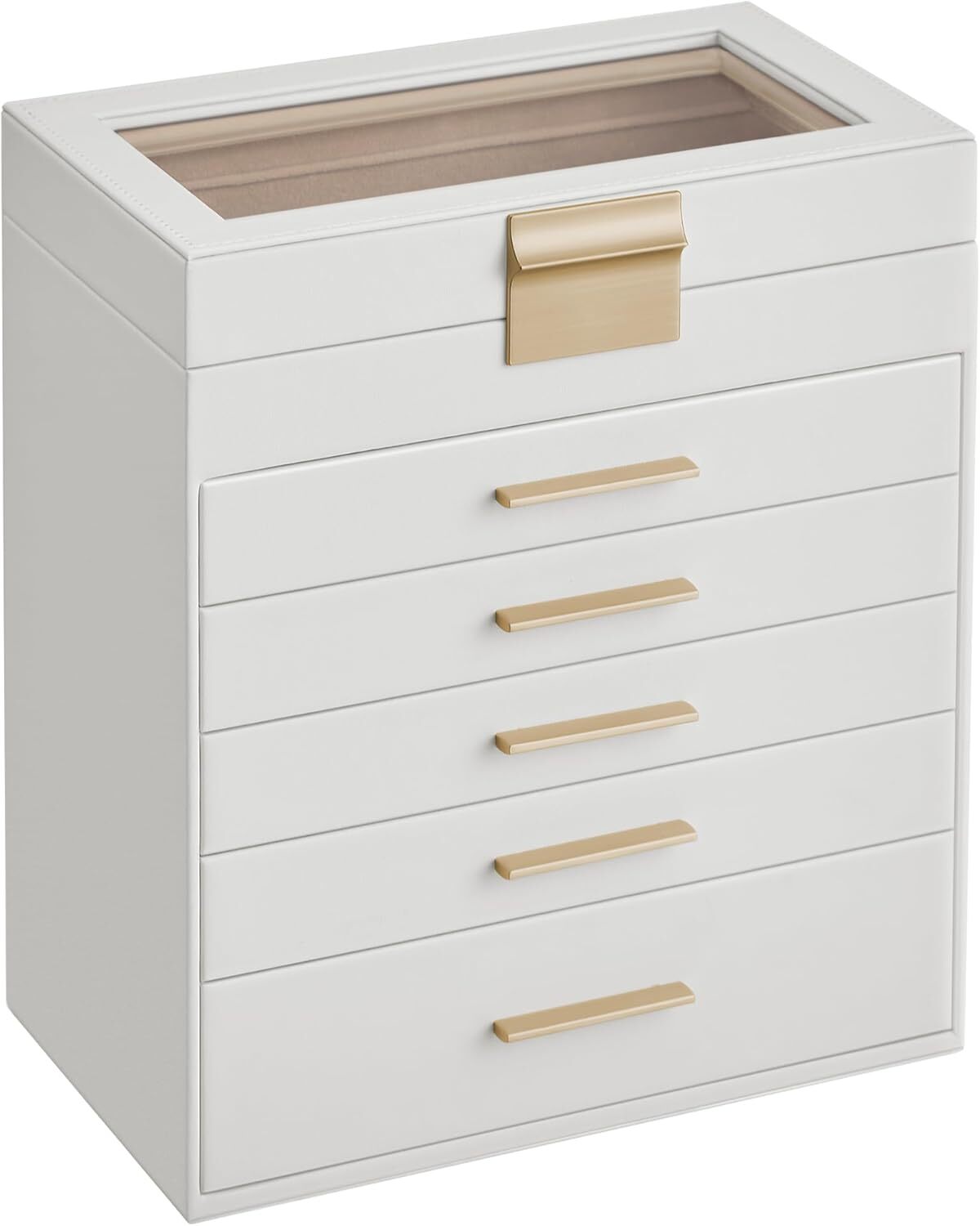 Jewelry Box with Glass Lid, 6-Layer Jewelry Organizer, 5 Drawers-image