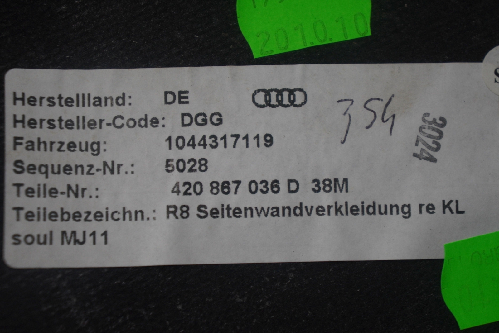 Rear Right Side Quarter Trim Panel Cover Black Coupe 420867036D 38M Audi R8 2011