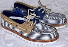 SPERRY TOP SIDER 2 Eye Navy Blue White Seersucker Suede Boat Shoes NEW Womens 7