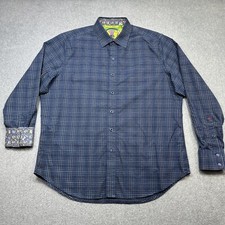 Robert Graham Shirt Men XL Blue Plaid Flip Cuff Paisley Long Sleeve Button Up