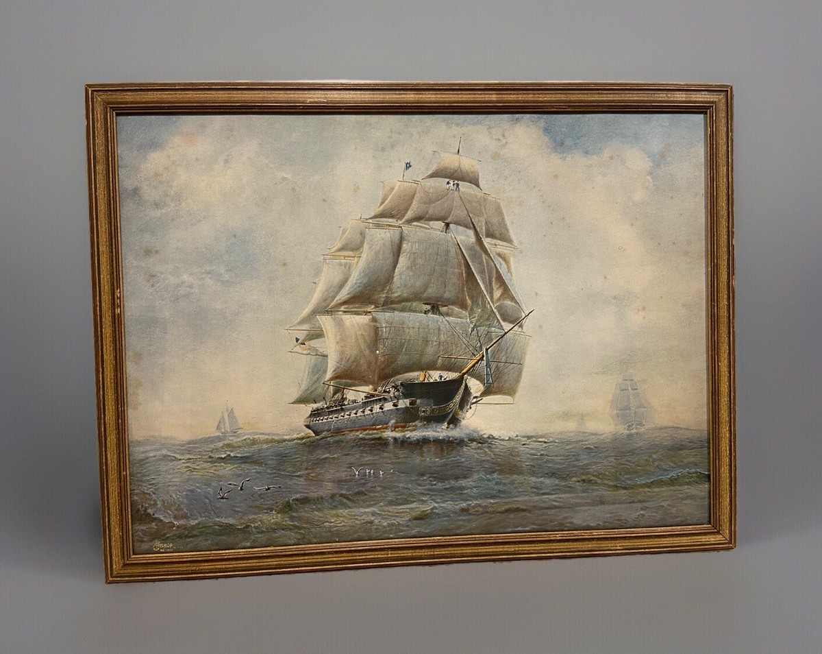 Vintage A. F. Bishop Tall Sailing Ship 16x20” Nautical Maritime