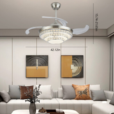 42'' Crystal LED Chandelier Invisible Ceiling Fan Light Ceiling Lamp with Remote