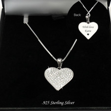 925 Sterling Silver Heart Necklace, Personalised, Engraved, Sparkly CZ Crystals