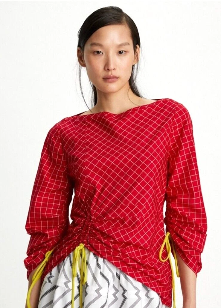 Nuova con etichetta Tory Burch finestra seta top rosso bianco taglia 14 100% AUTENTICA
