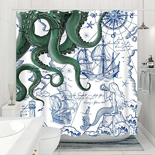 Nautical Octopus Shower Curtain Navy Blue Mermaid 72"W x 72"L (Pack of 1) Green - Picture 4 of 7