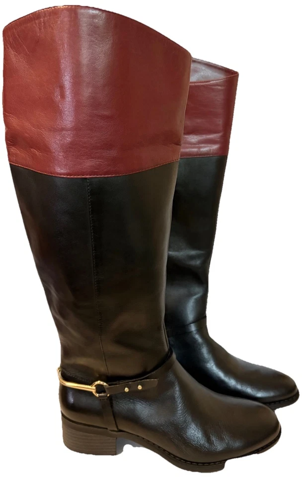 Botas de montar Isaac Mizrahi Live caña alta talla 7,5 Monica negras marrones nuevas sin caja cuero - Imagen 2 de 4