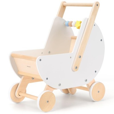 Pillowhale Wooden Baby Walker Doll Stroller Adjustable Handle Push Cart Antitip