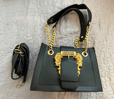 Versace Jeans Couture Schultertasche Leder Schwarz Goldkette abnehmbar