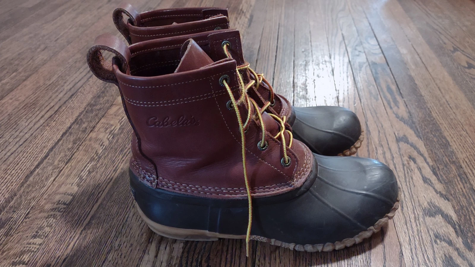 Cabelas Mens Duck Boots Size 10 Brown Leather Rubber Steel Shank Rain Snow Boots