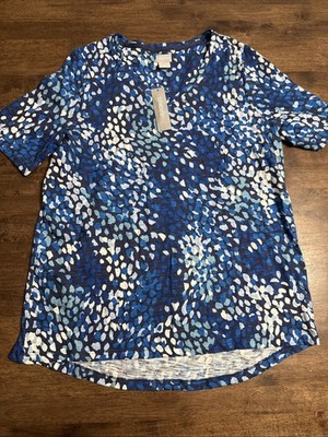 New! Chicos V-Neck Cotton Slub Basic Knit S/S Top Shirt Blue Spots Size 1