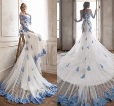 Off Shoulder Mermaid Wedding Dresses Light Blue Lace Applique Chapel Train Dress