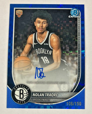 2025-26 BOWMAN CHROME NOLAN TRAORE ROOKIE AUTO BLUE REFRACTOR SP #/150 NETS