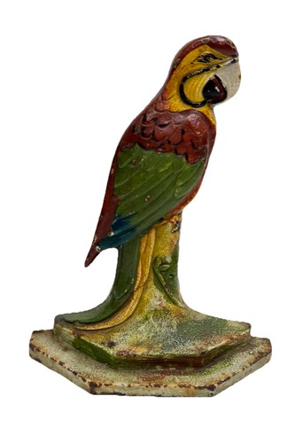 Vintage Cast Iron Multi Color Parrot Doorstop / Bookend Tropical Decor