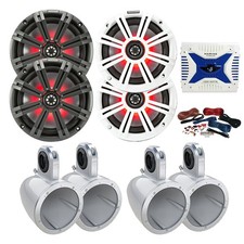4x Kicker 6.5" 195W Marine LED Speaker, Grille, 4x Enclosure,Bluetooth Amp w/Kit