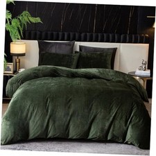 Velvet Duvet Cover Set Comforter Cover 3Pcs Ultra Soft Cover Queen Dark Green