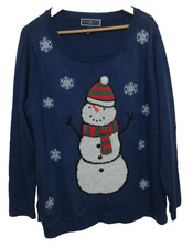 Vintage Karen Scott Christmas Snowman Snowflakes Sweater 2XL Embellished Blue