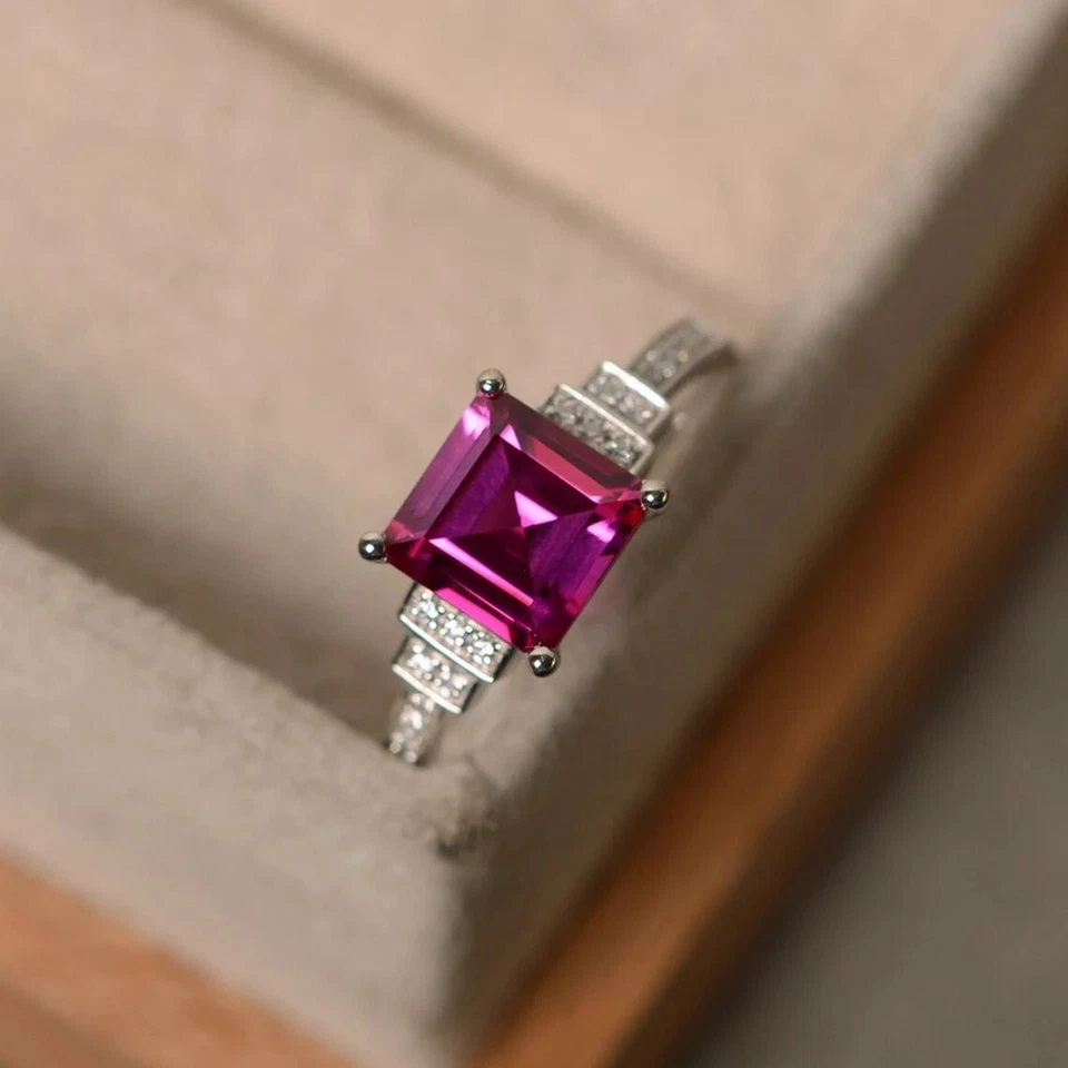 Pink Ruby Ring Lab Created Princess Cut Gemstone Sterling Silver Women Ring - Image 3 of 4