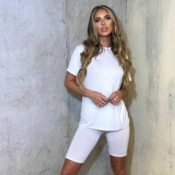 Women Short Sleeve Top Biker Shorts Two Piece Set Casual Sports