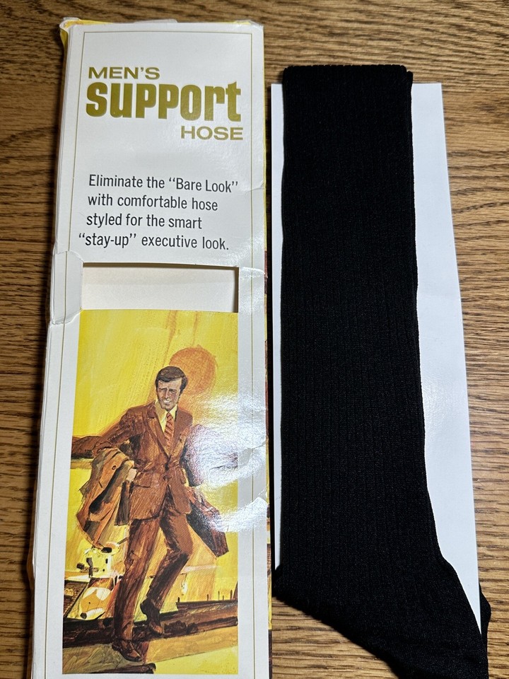Vintage Black Support Hose Men Black 10/13 Over Calf New One Pair