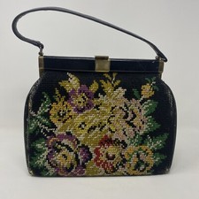 Vintage AS IS Jana Needlepoint Black Floral Hand Bag Purse AS IS CONDITION