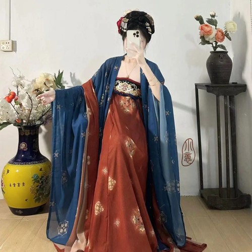 Women Chinese Traditional Hanfu Cosplay Costume Summer Blue&Yellow Hanfu Dress - Picture 3 of 14