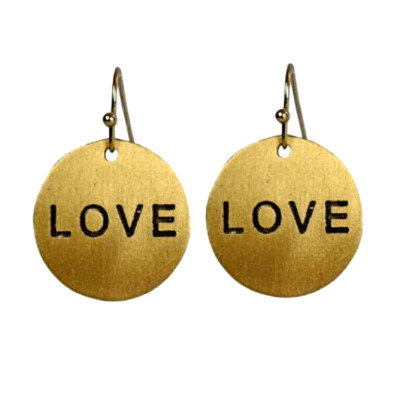 Hook Earrings Hand-engraved with ''LOVE'' Gold-coloured Brass Round Drop