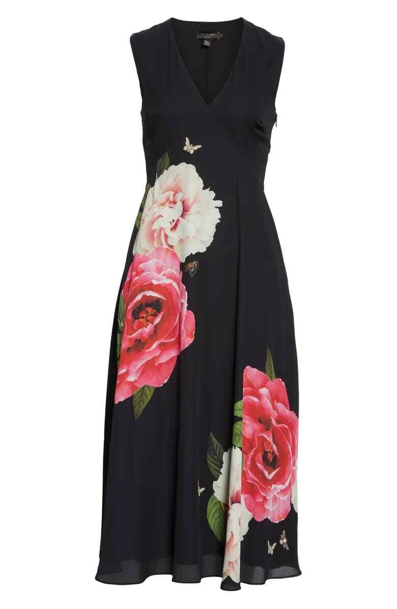 NEW Ted Baker Ulna Magnificent Midi Dress in Black Size 0 US 2