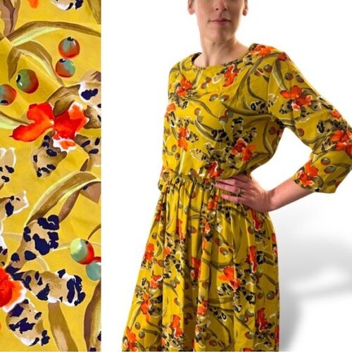 Abito midi donna toran vintage anni 80 stampa oliva vita fumè giallo verde floreale - Foto 3 di 7